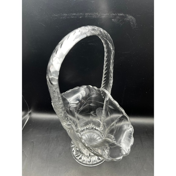 Vtg Duncan & Miller Crystal Bride Basket Handle Etched Rose Pattern 11.5" - Picture 6 of 9